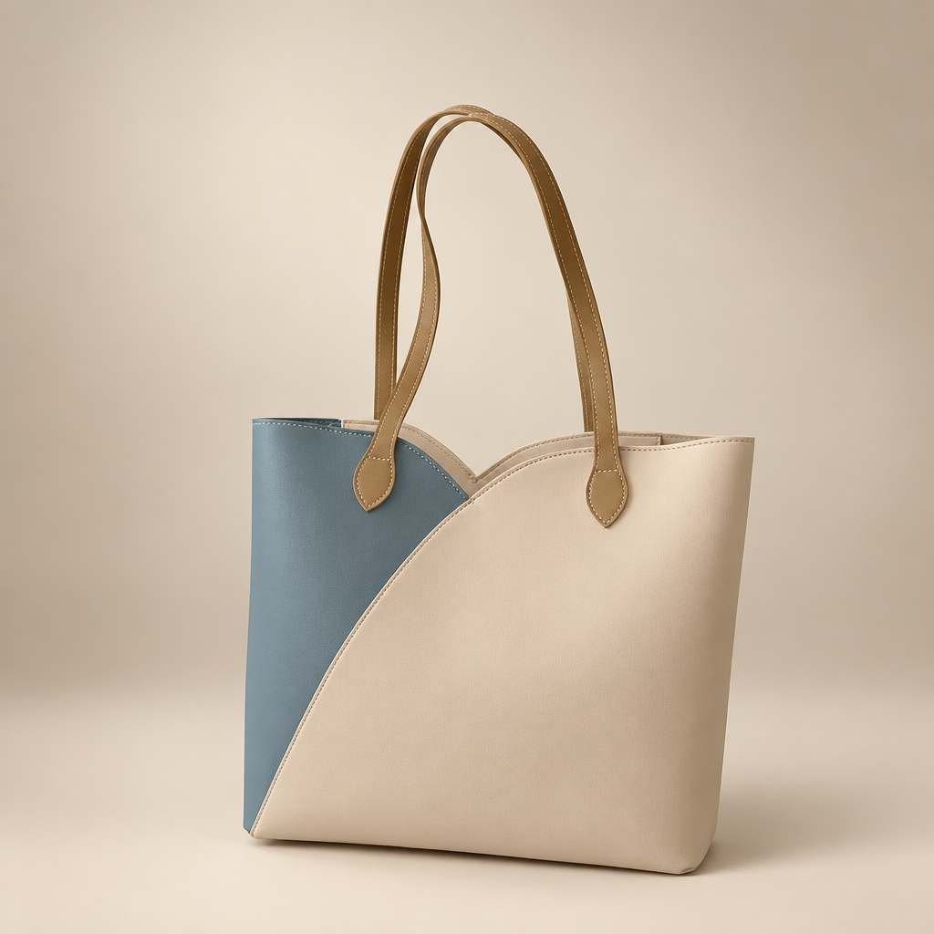 Women's colour-block shoulder tote in black with wine red on a warm ivory/taupe studio background