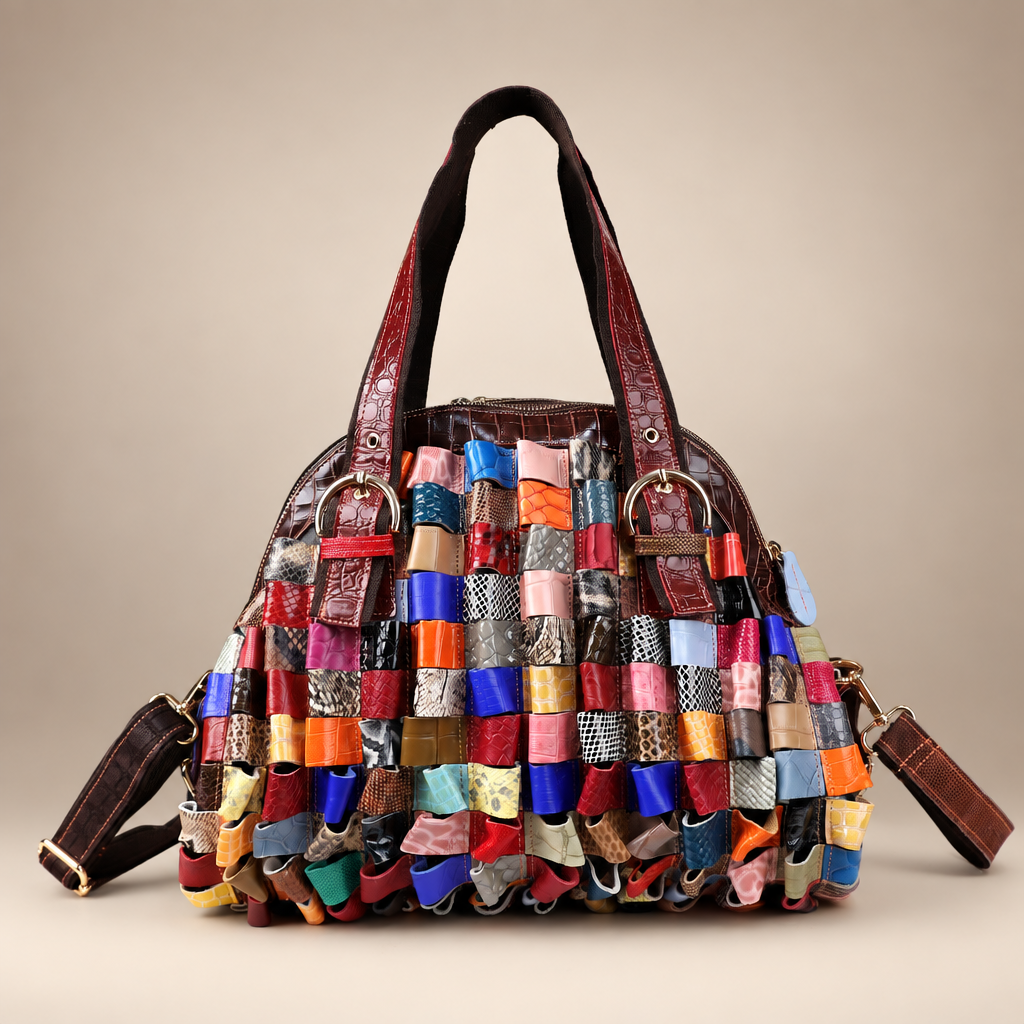 Multicolour woven loop-strip handbag with brown handles on a warm ivory studio background