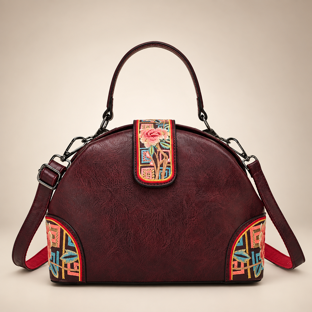 Burgundy dome handbag with colourful floral panels on an ivory studio background