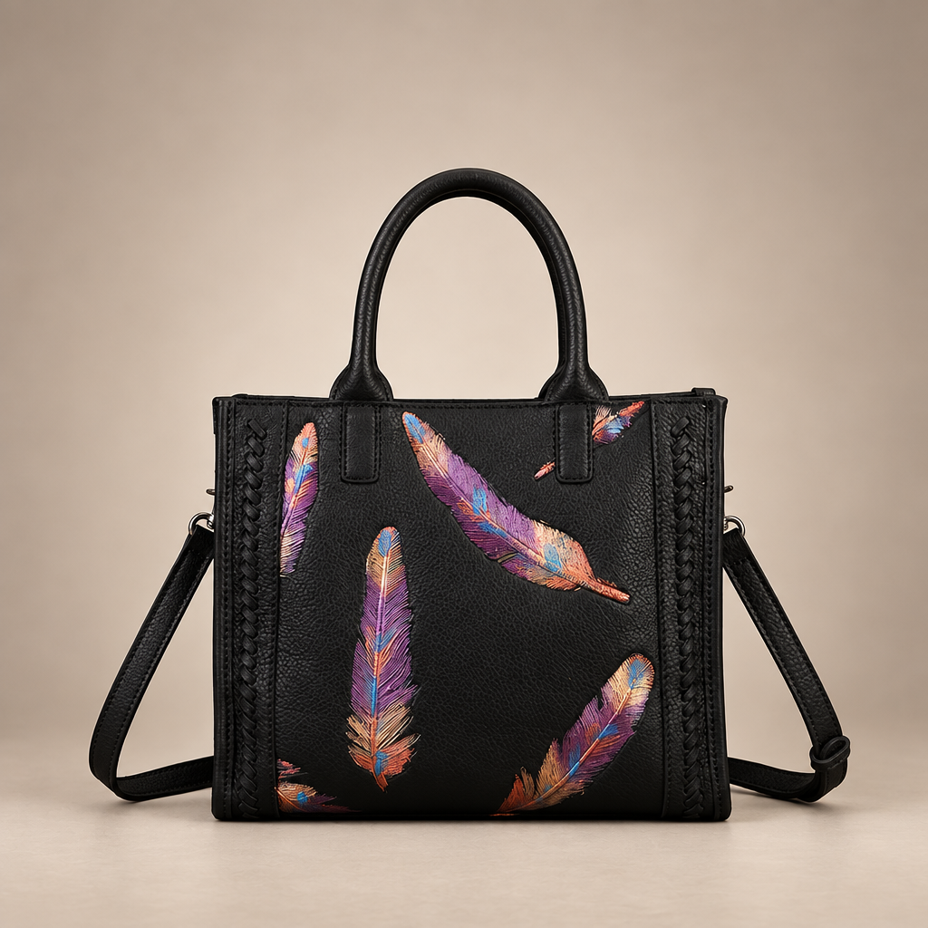 Black handbag with colourful feather motifs on a warm ivory studio background