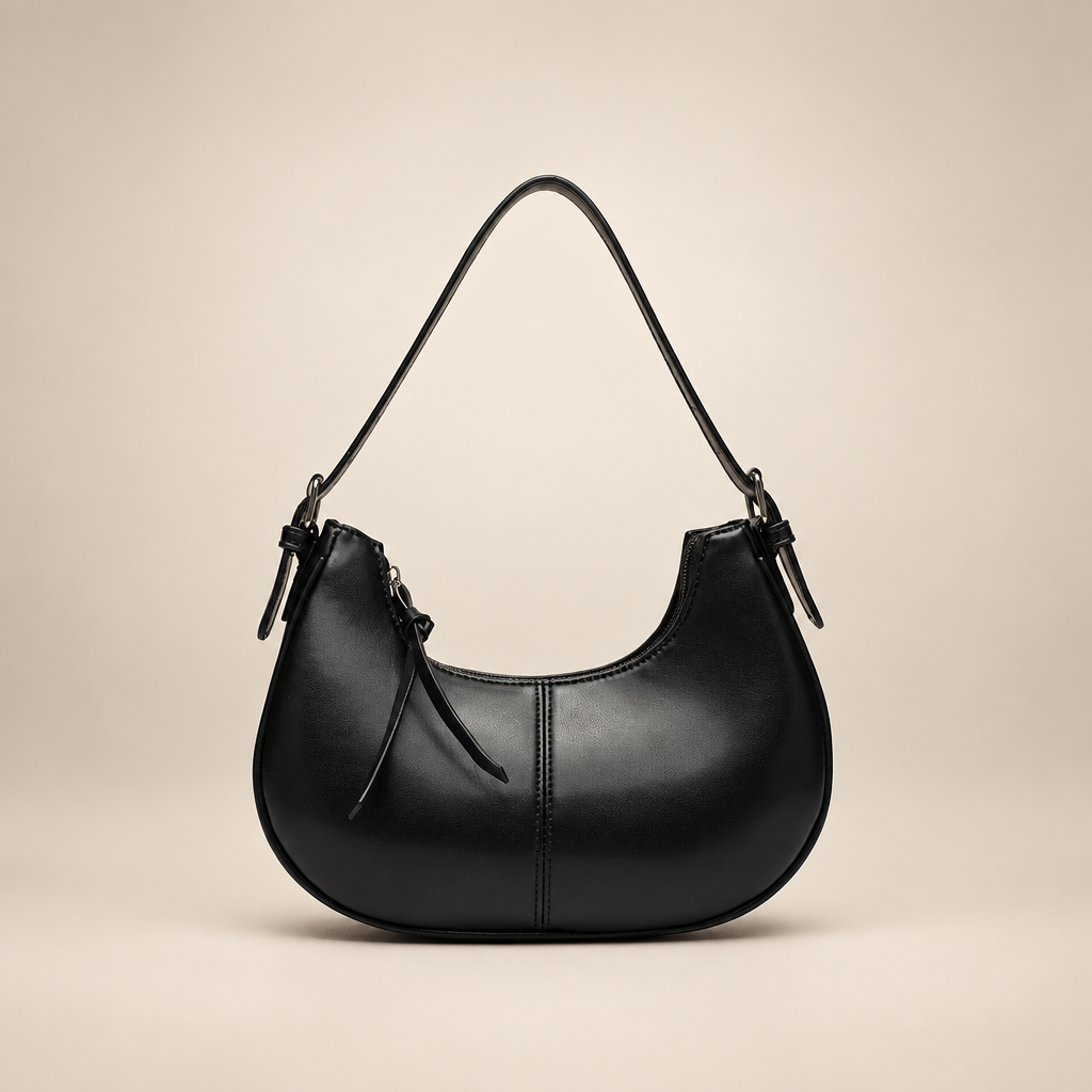 Black crescent shoulder bag on a warm ivory studio background
