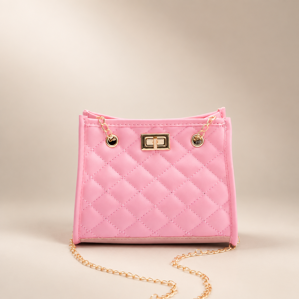 Pink quilted mini chain shoulder bag on a warm ivory/taupe studio background