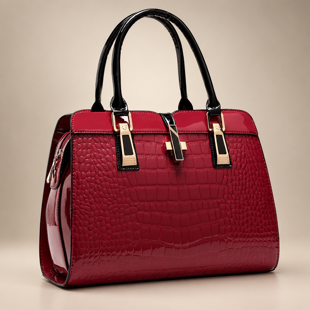 Women's croc-embossed tote bag in wine red on a warm ivory/taupe studio background