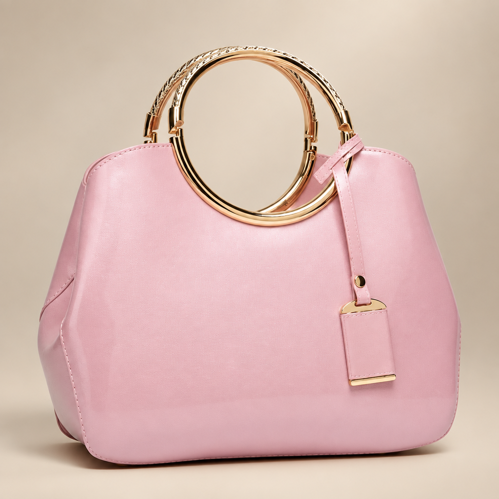 Women's ring-handle bag in pink on a warm ivory/taupe studio background