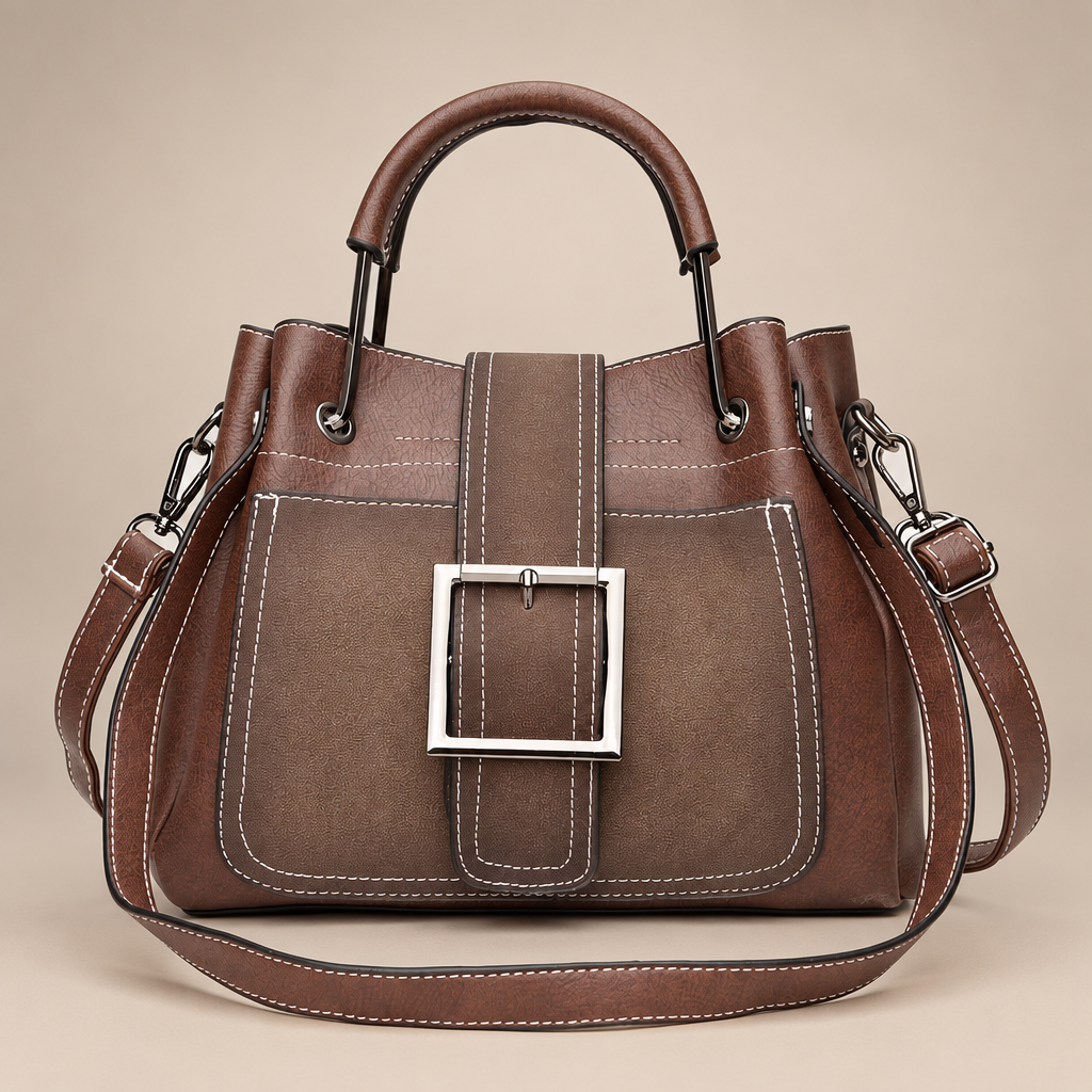 Dark brown buckle handbag on a warm ivory studio background