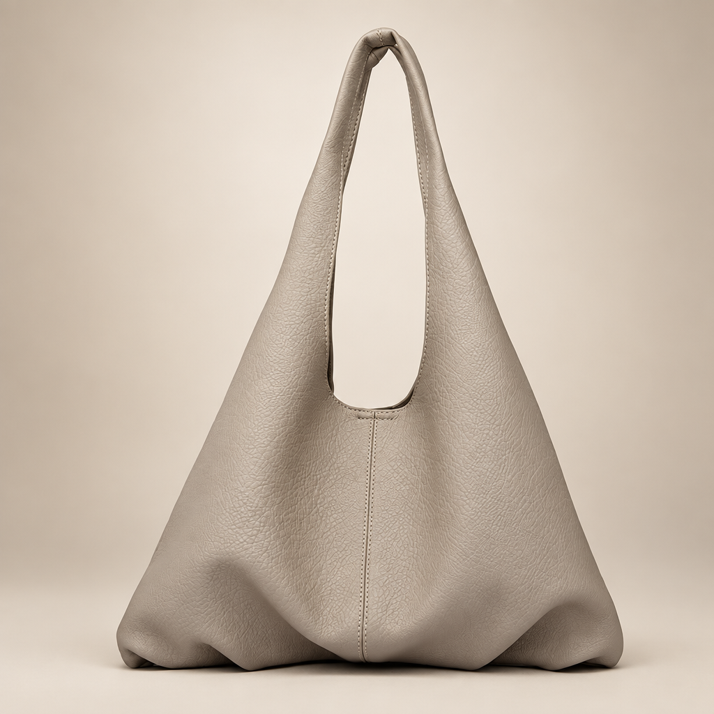 Women's slouchy shoulder tote in grey on a warm ivory/taupe studio background