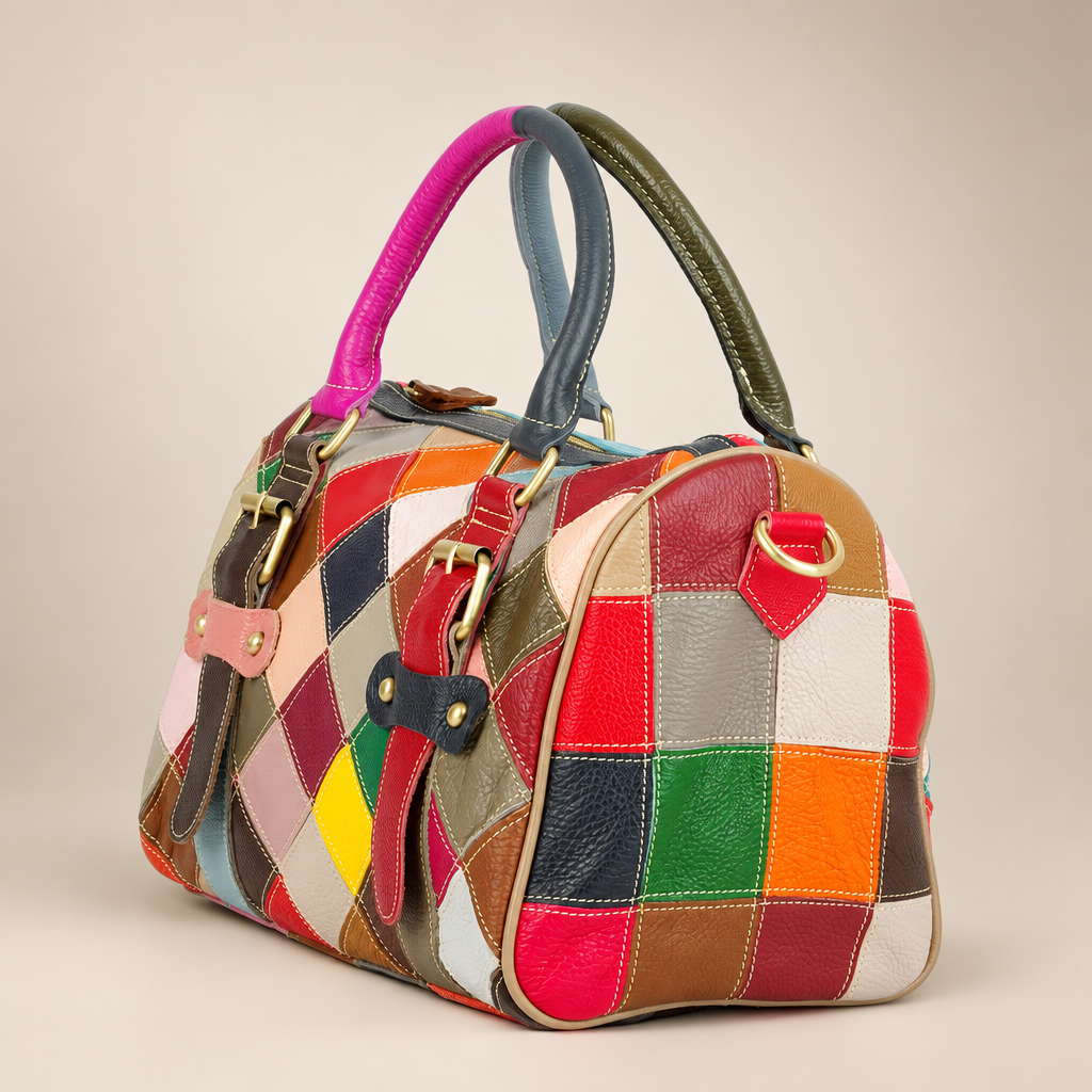 Colourful patchwork leather handbag, side view, on a warm ivory/taupe studio background