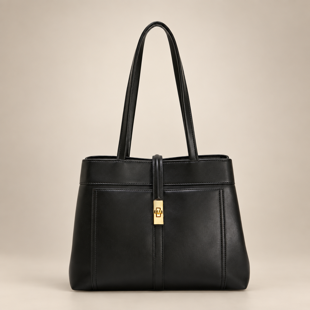 Black handbag with gold clasp on a warm ivory studio background