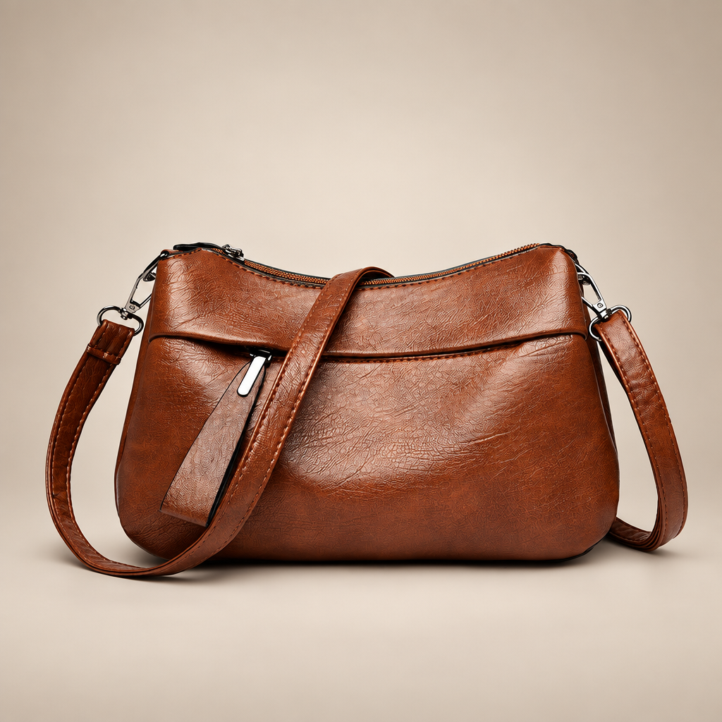 Brown textured shoulder bag on a warm ivory studio background