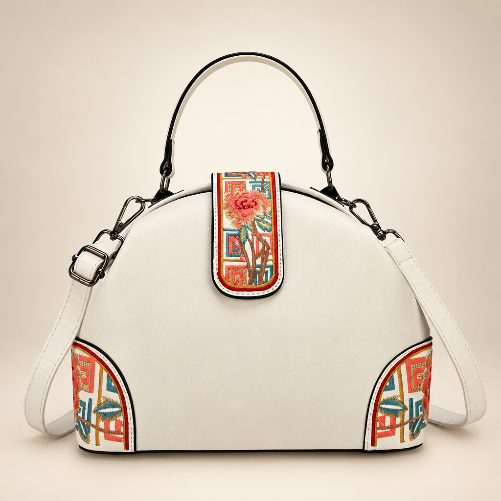 Ivory dome handbag with colourful floral panels on an ivory studio background