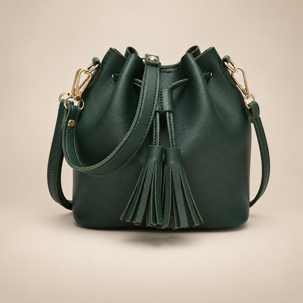 Dark green tassel drawstring bucket bag on a warm ivory studio background