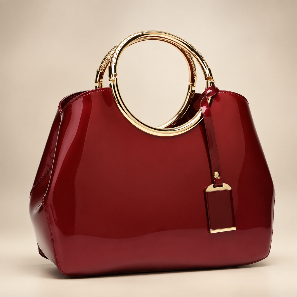 Women's ring-handle bag in wine red on a warm ivory/taupe studio background