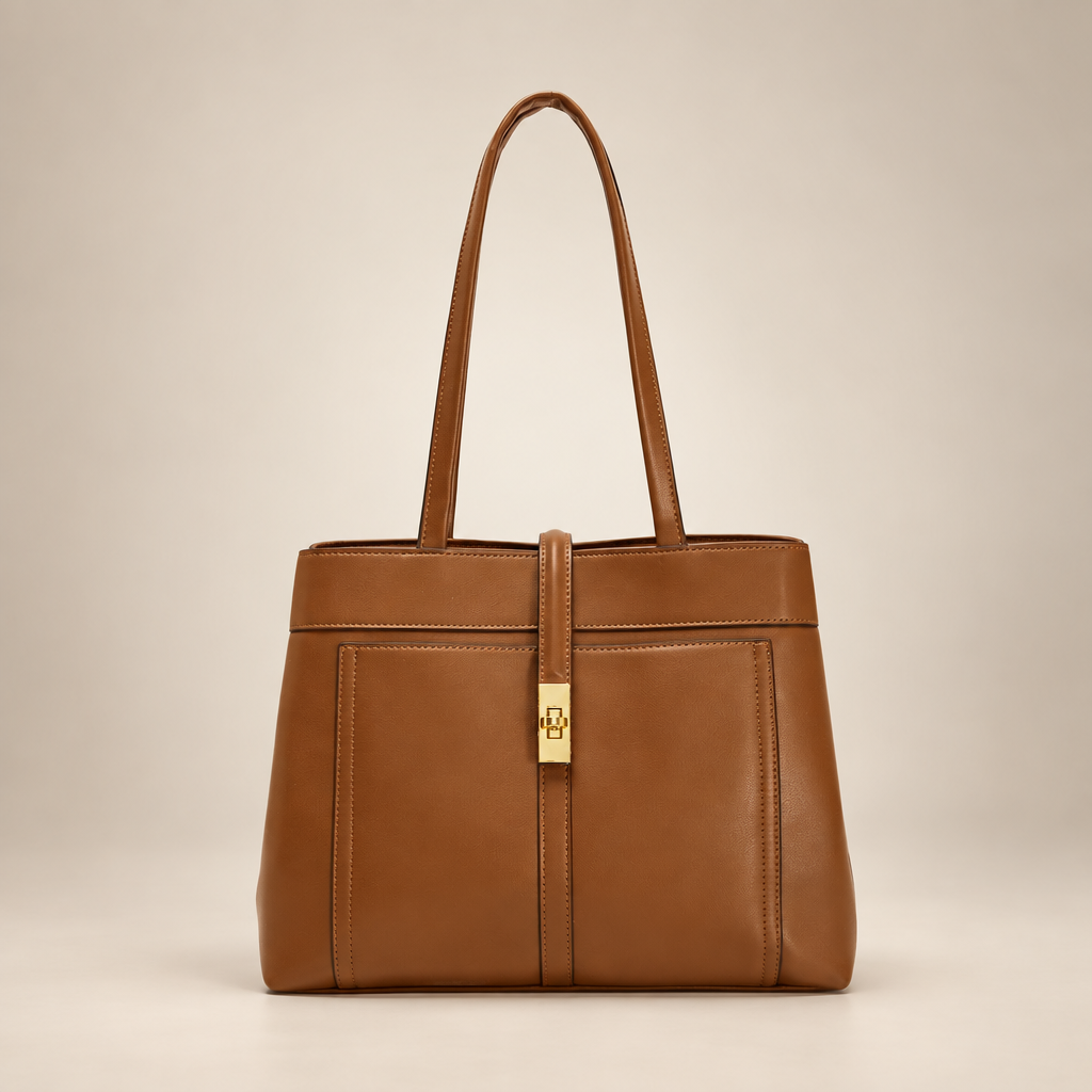 Brown handbag with gold clasp on a warm ivory studio background