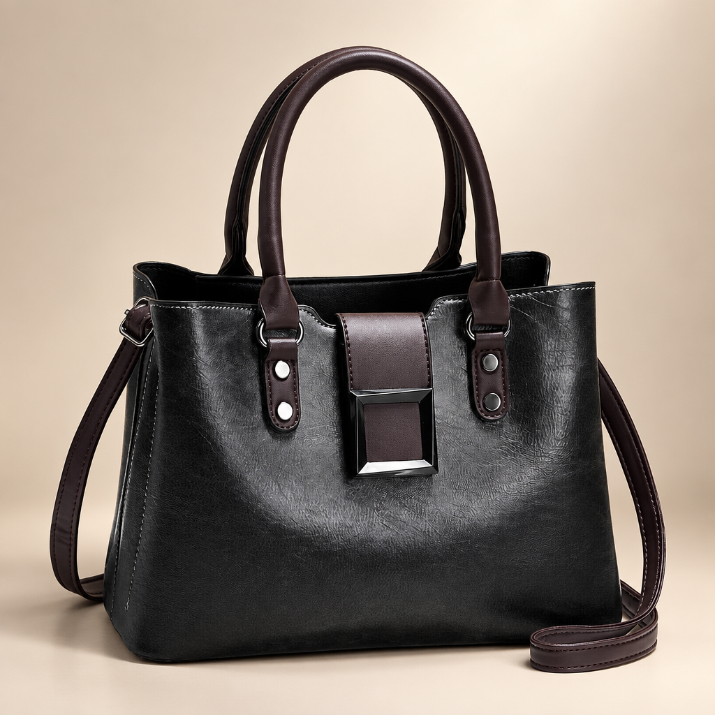 Women's structured buckle tote in black on a warm ivory/taupe studio background