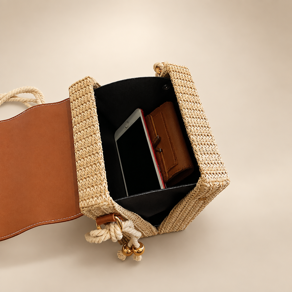 Brown woven box rattan handbag on warm ivory studio background