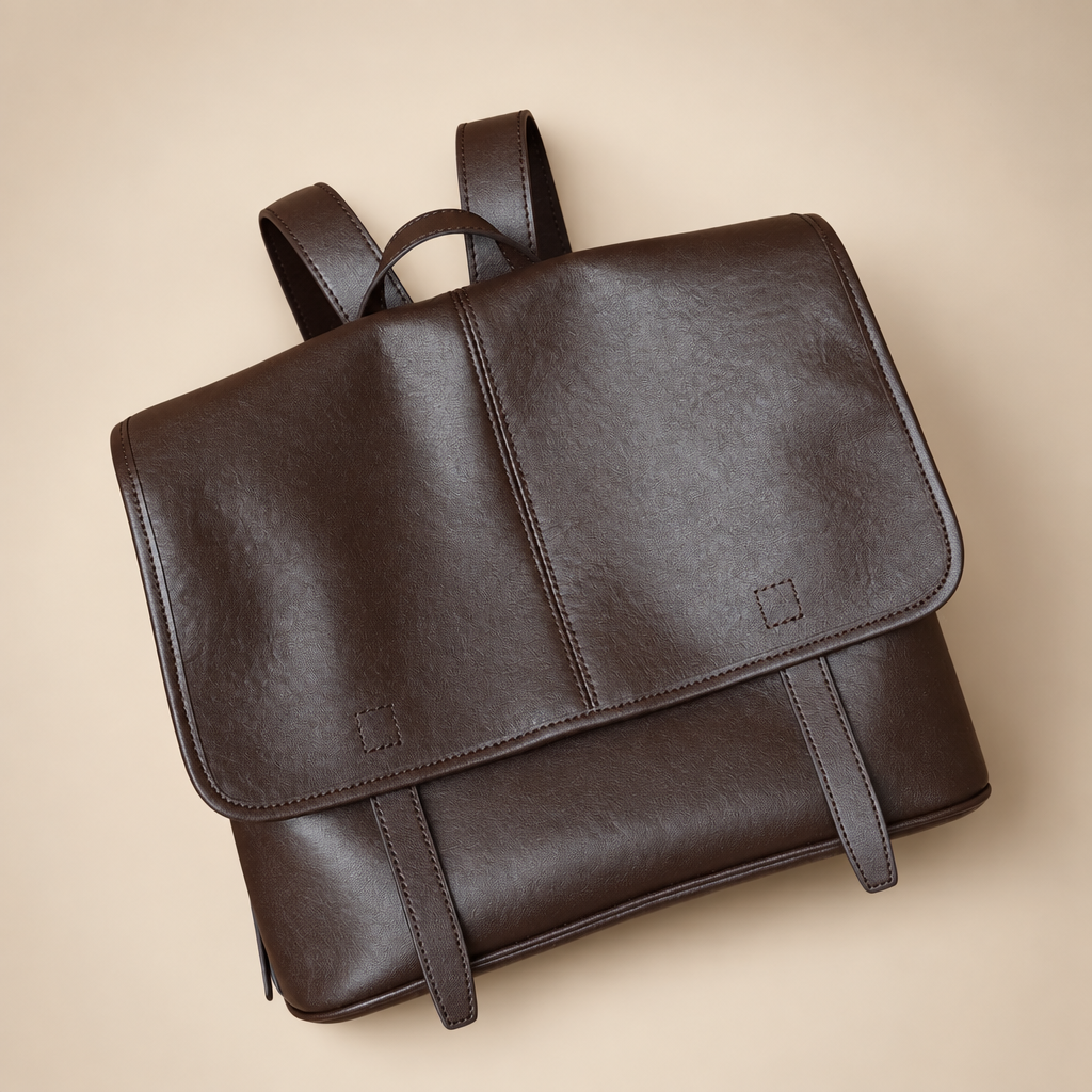 Dark brown flap backpack on a warm ivory studio background