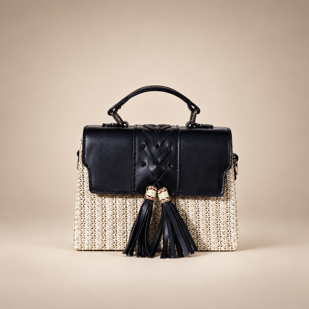 Cream woven box bag with black flap, top handle and twin tassels on warm ivory studio background