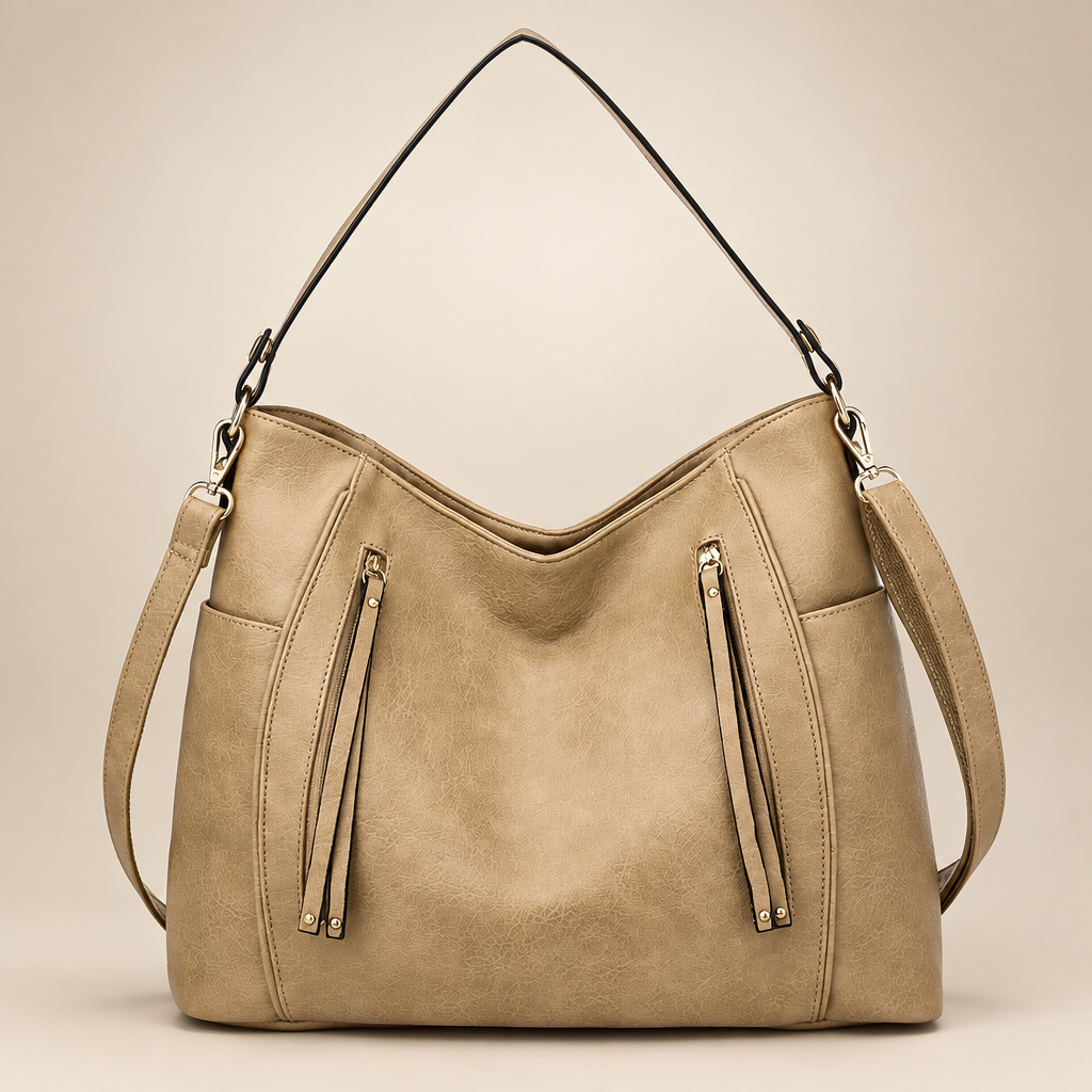 Women's slouchy hobo shoulder bag in khaki on a warm ivory/taupe studio background