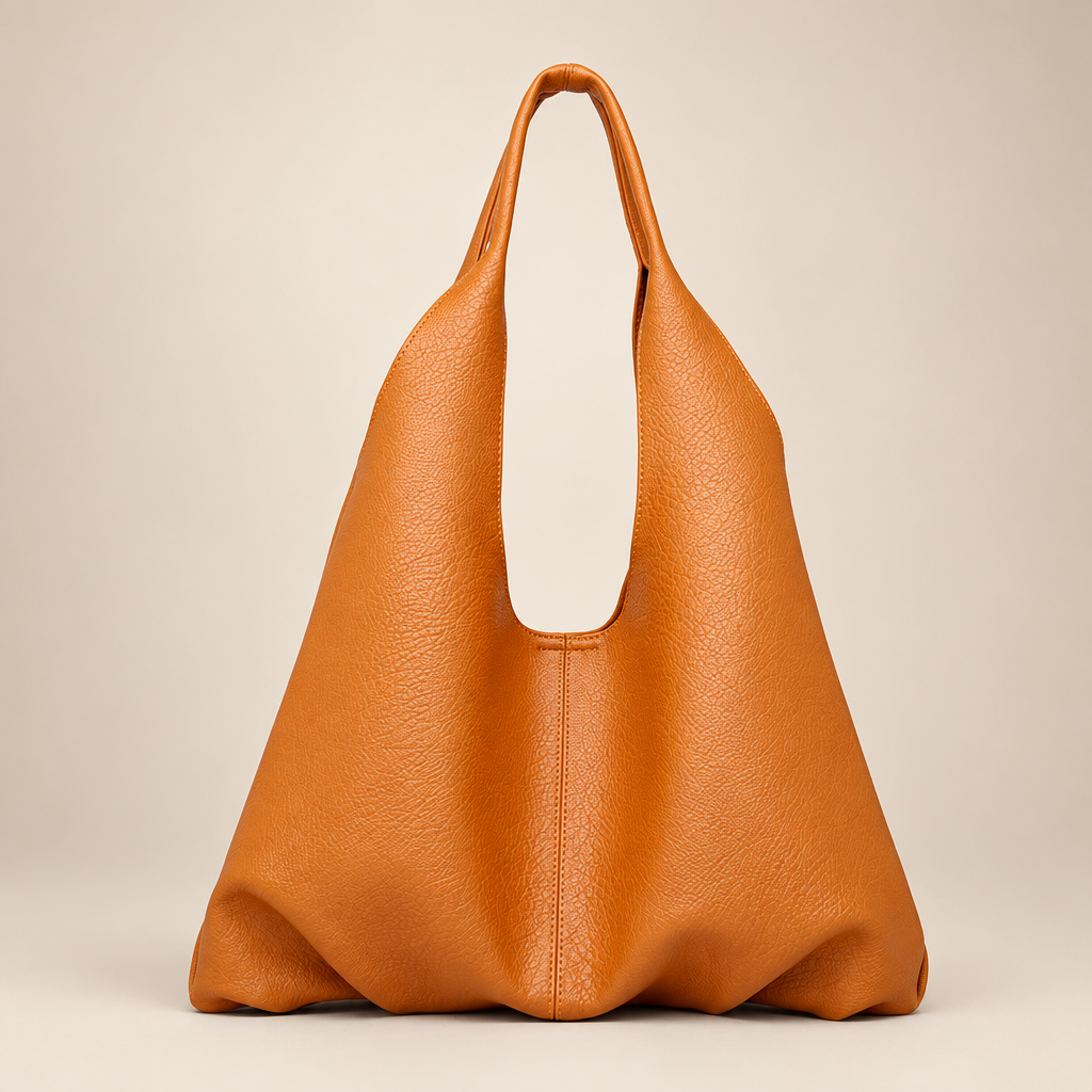 Women's slouchy shoulder tote in brown on a warm ivory/taupe studio background