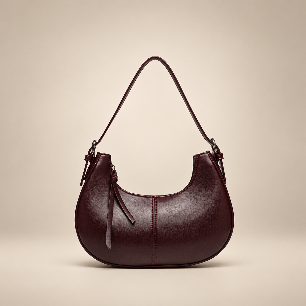 Burgundy crescent shoulder bag on a warm ivory studio background
