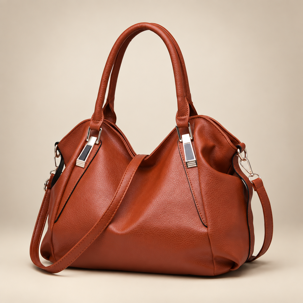 Women's soft hobo shoulder bag in brown on a warm ivory/taupe studio background