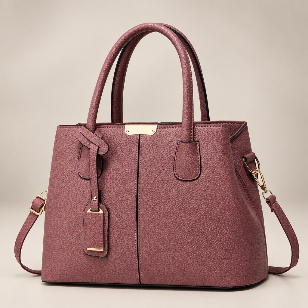 Rubber Pink tote bag on warm ivory studio background