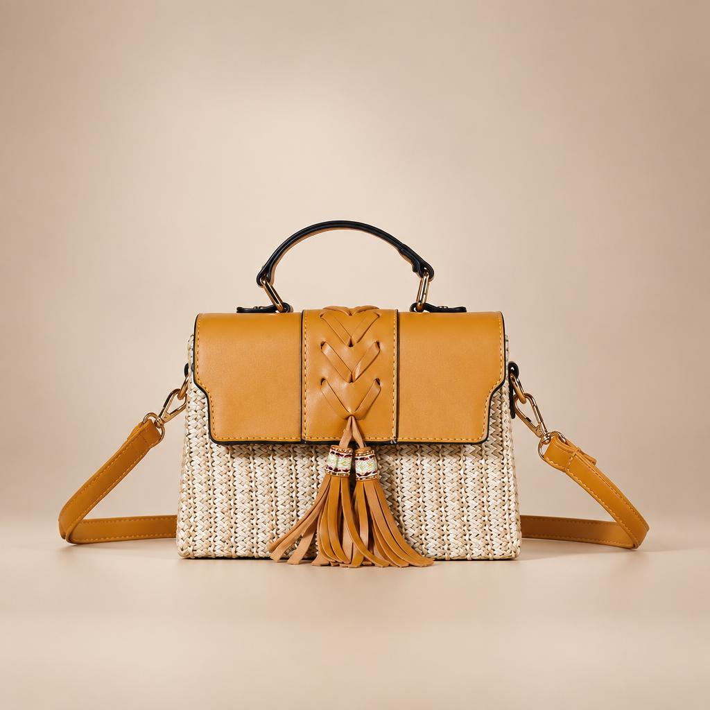 Cream woven box bag with tan flap, shoulder strap and twin tassels on warm ivory studio background