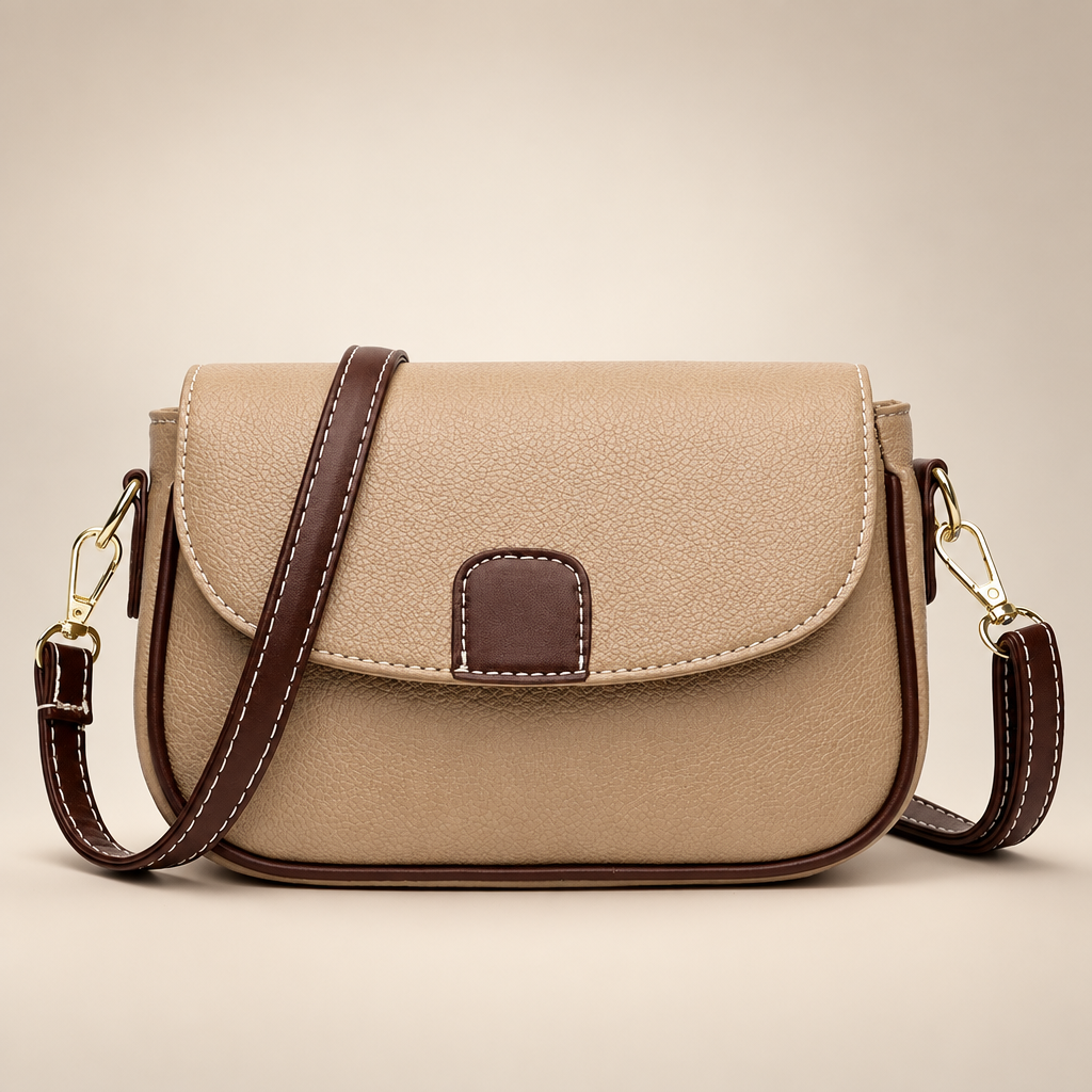 Women's small flap crossbody bag in khaki on a warm ivory/taupe studio background