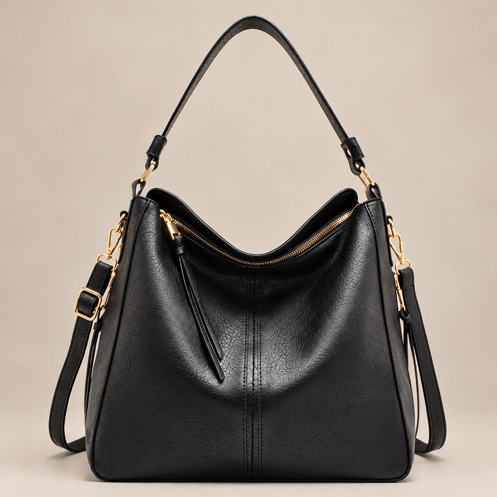 Black hobo shoulder bag on warm ivory studio background, alternate view