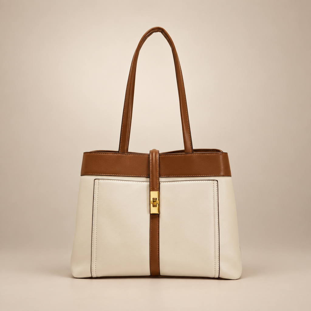 Cream and brown handbag with gold clasp on a warm ivory studio background