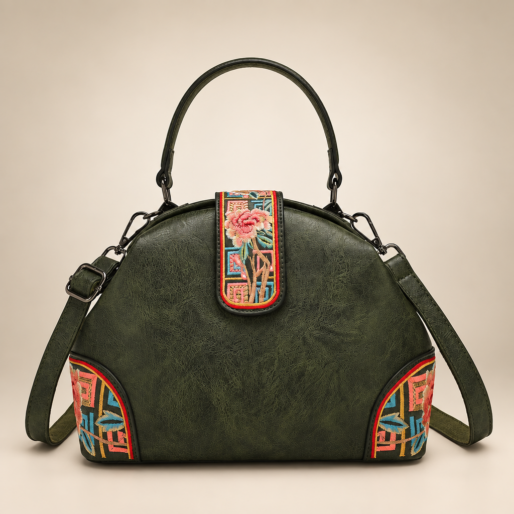 Dark olive dome handbag with colourful floral panels on an ivory studio background