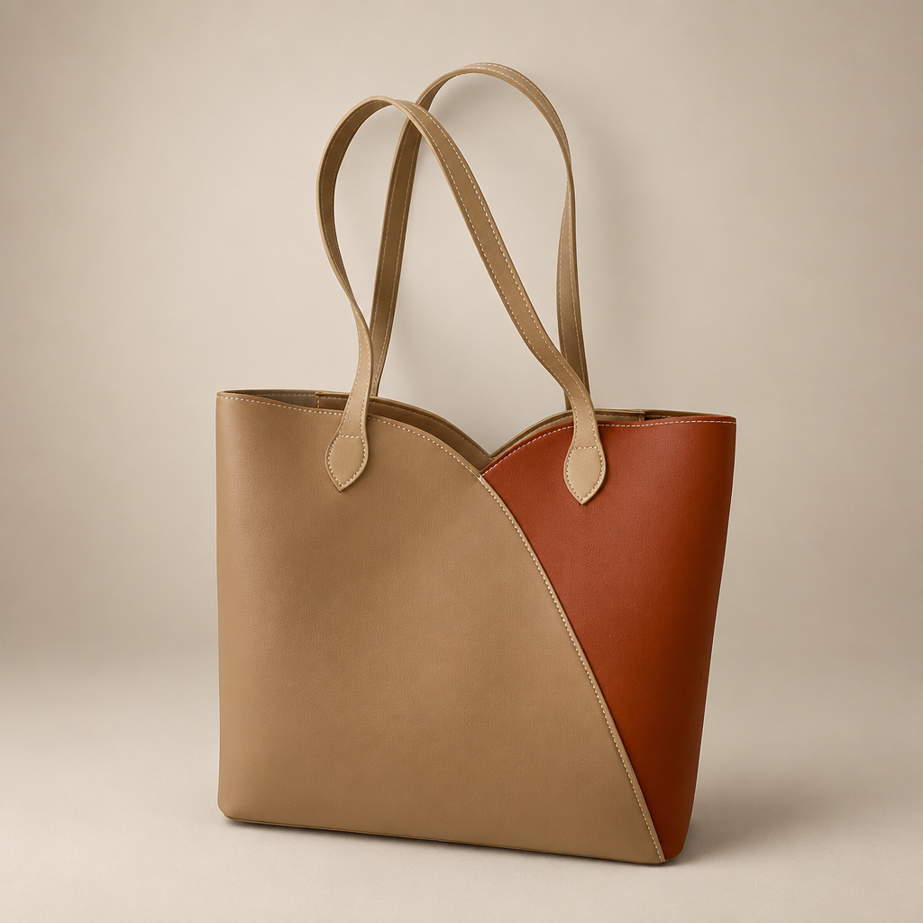Women's colour-block shoulder tote in tan with rust on a warm ivory/taupe studio background