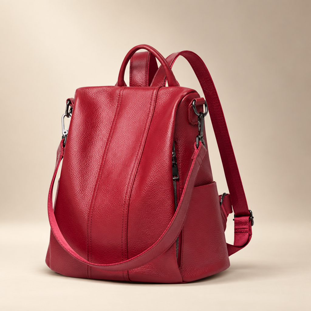 Wine red genuine leather backpack against a warm ivory and taupe studio background