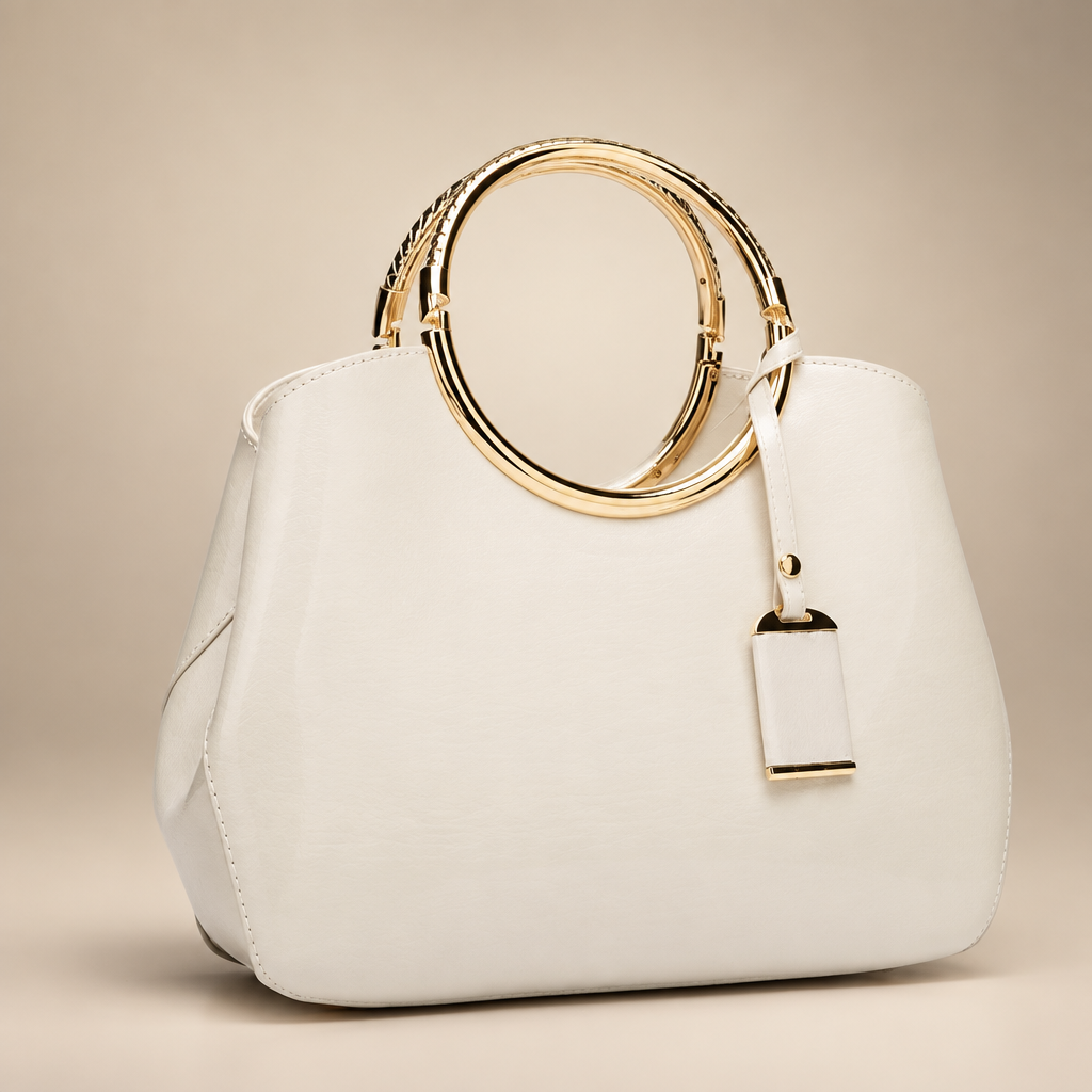 Women's ring-handle bag in white on a warm ivory/taupe studio background