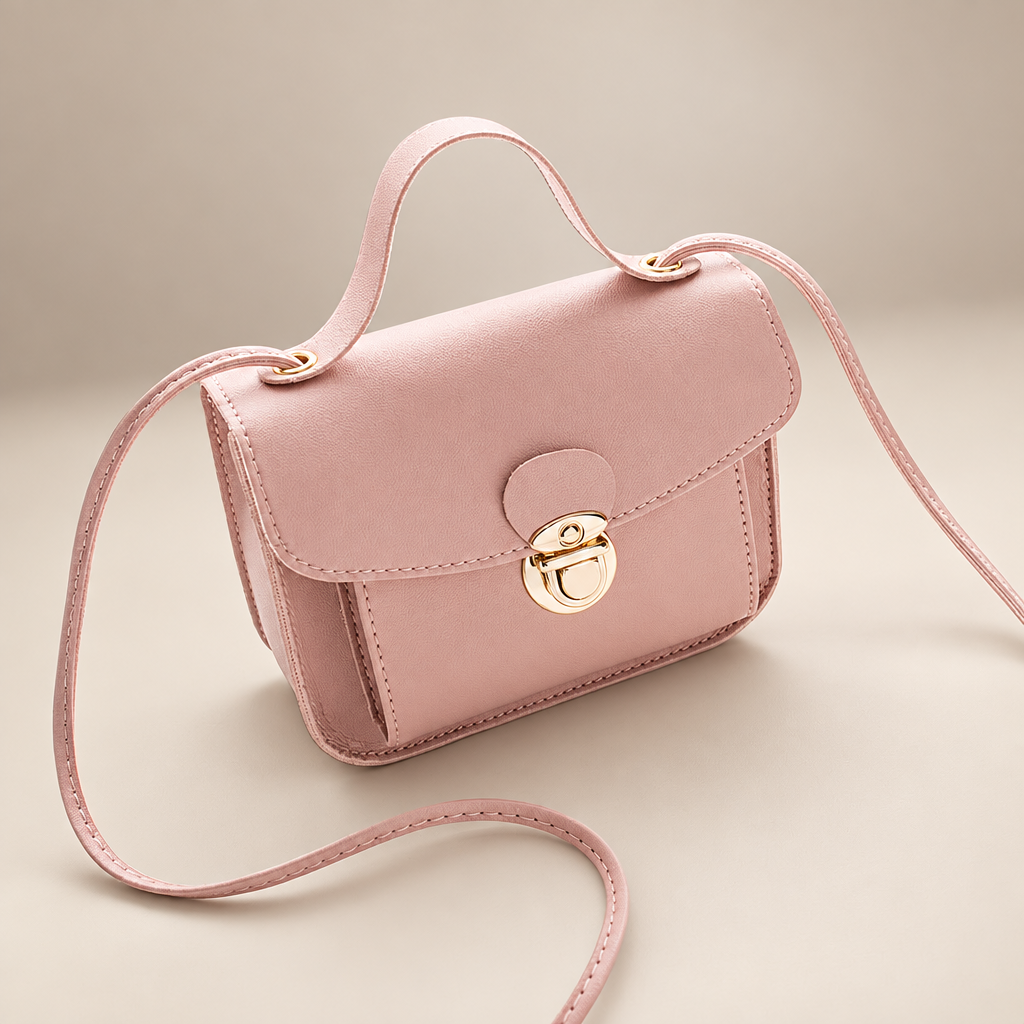 Women's envelope crossbody bag in pink on a warm ivory/taupe studio background