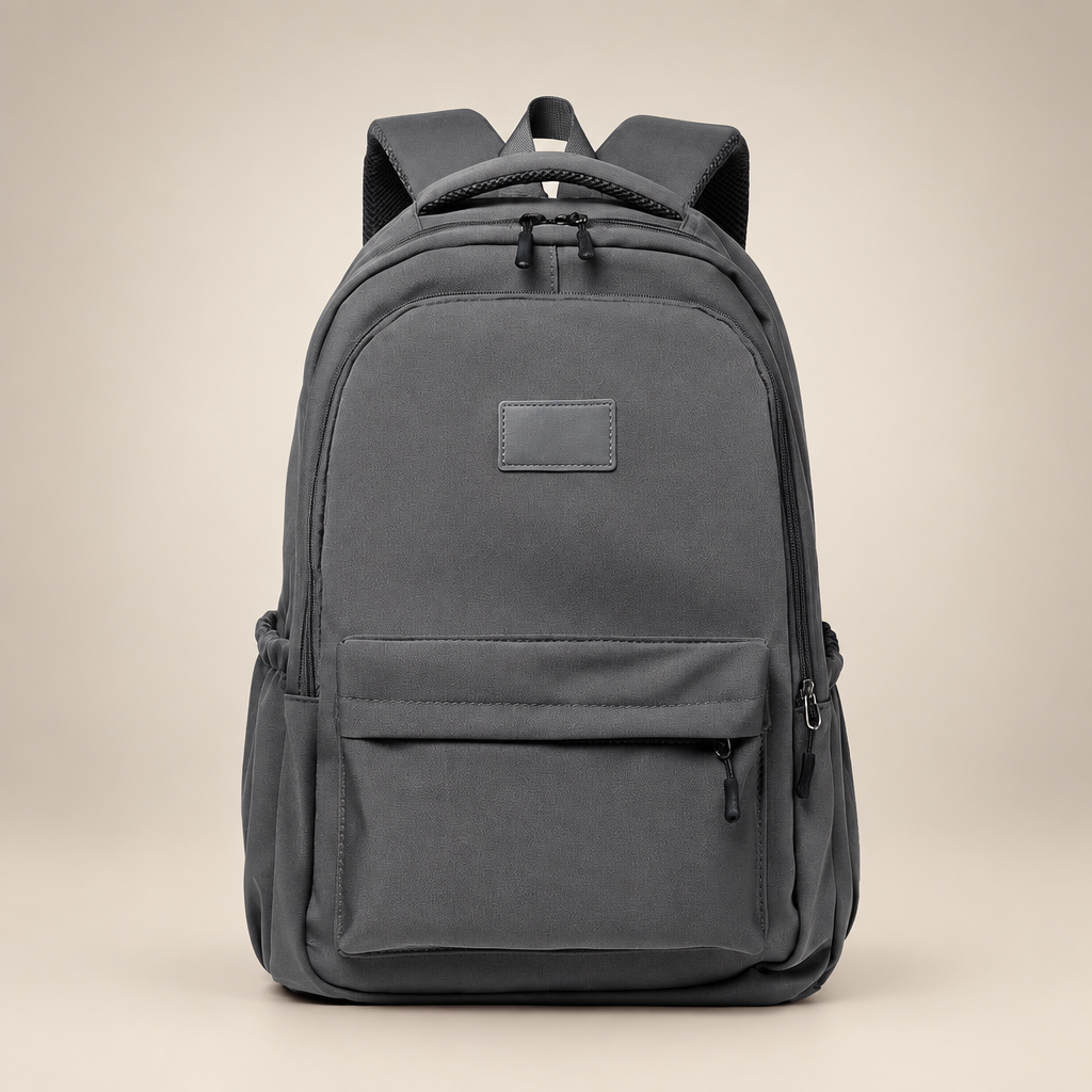 Women's Oxford campus backpack in grey on a warm ivory/taupe studio background