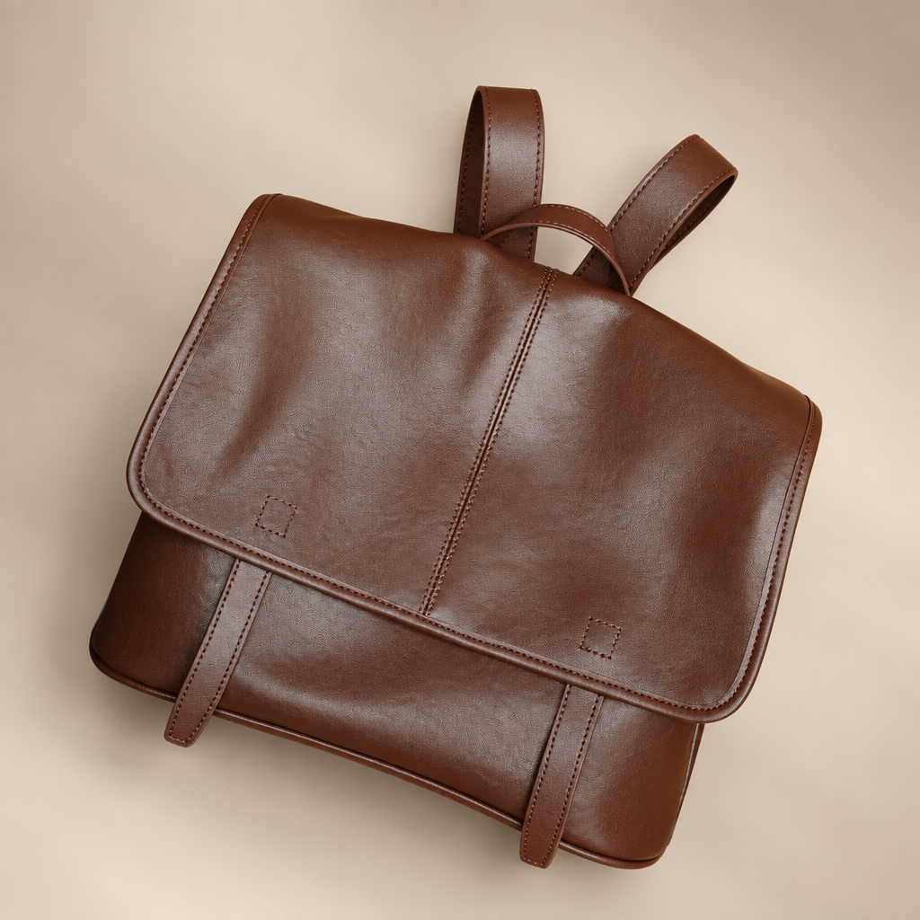 Warm brown flap backpack on a warm ivory studio background