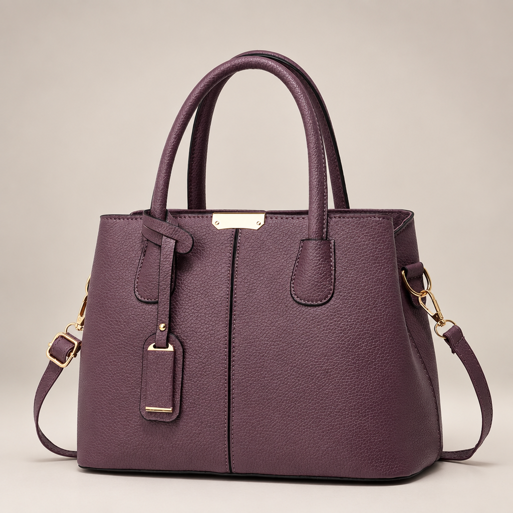 Purple tote bag on warm ivory studio background