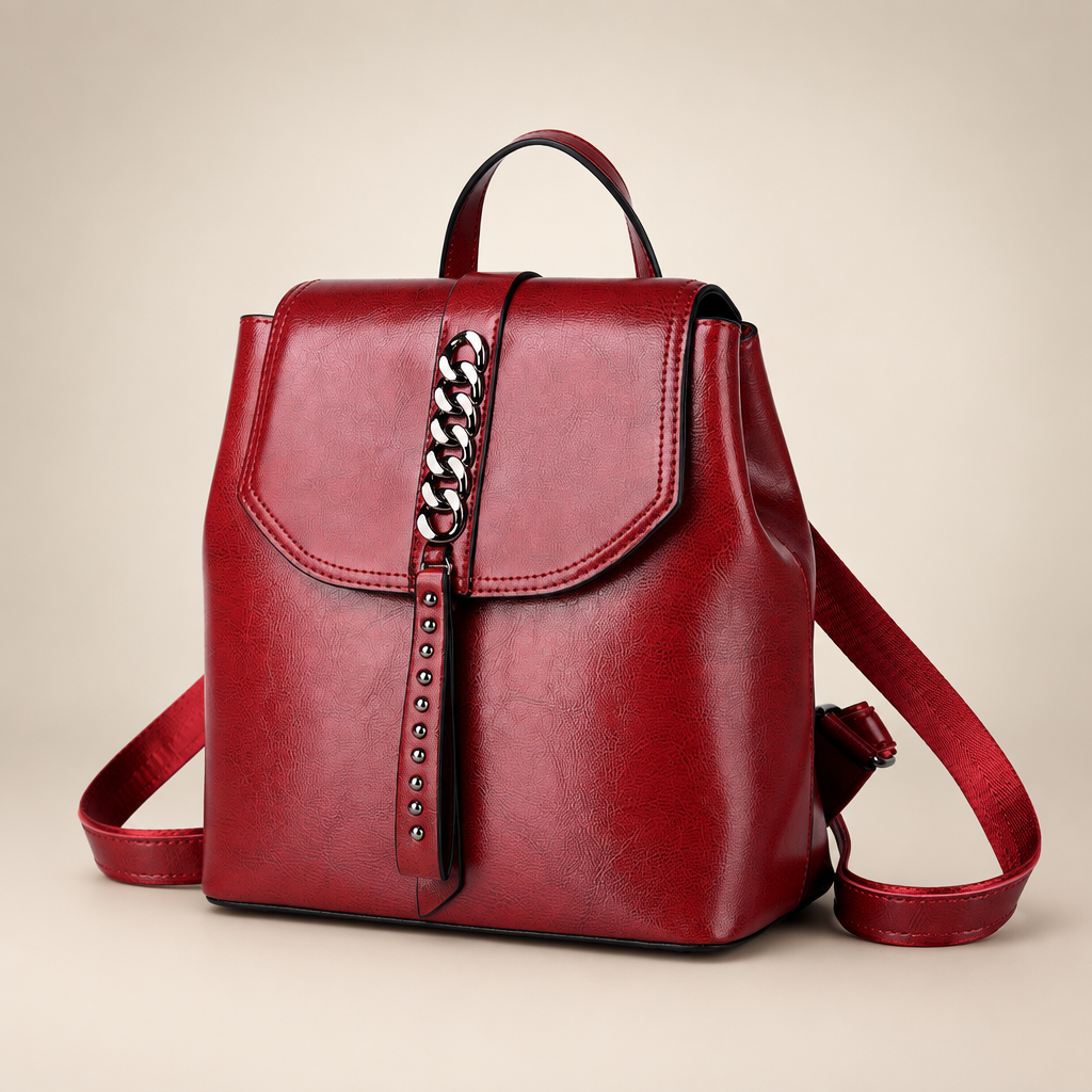 Leather backpack on warm ivory studio background
