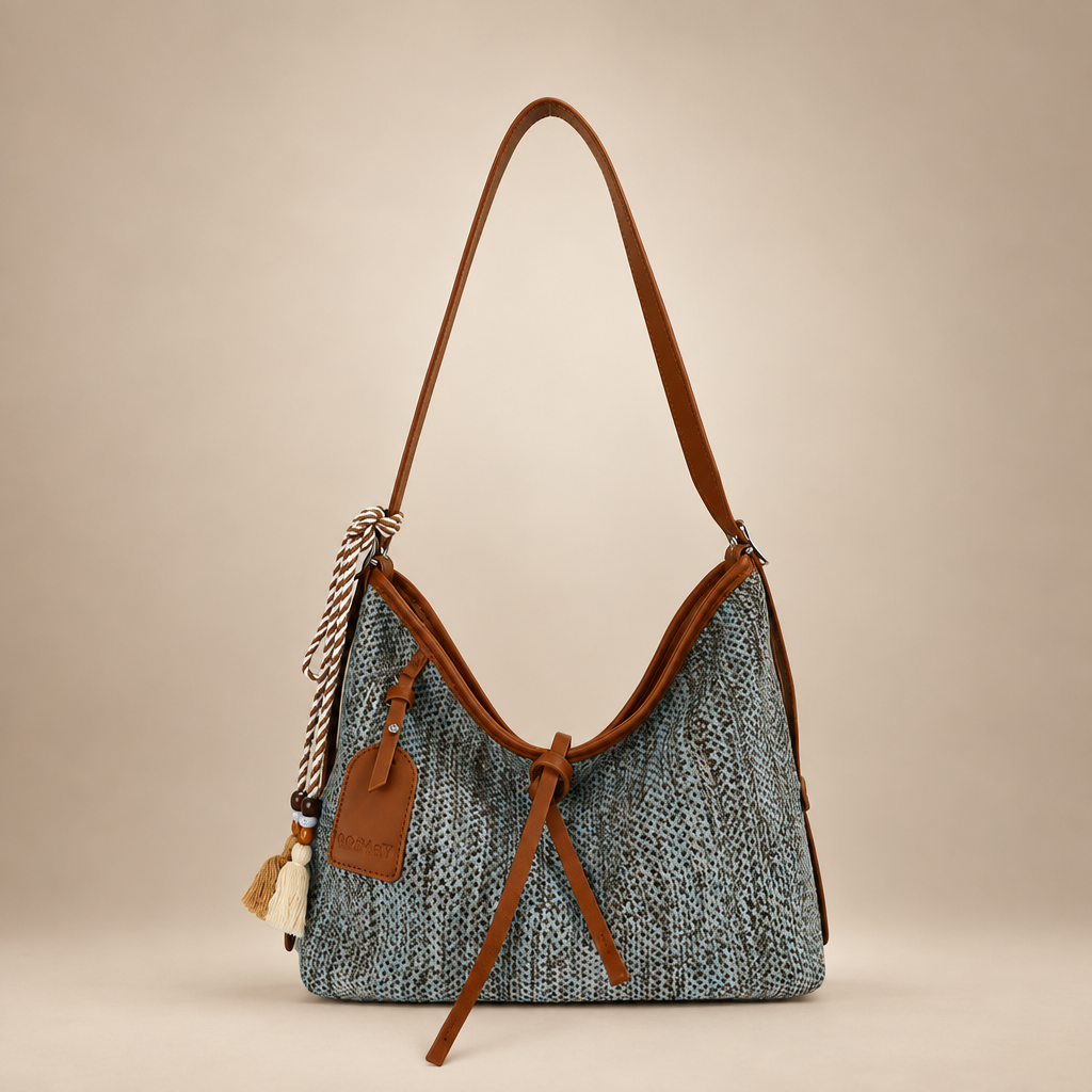 Grey woven shoulder bag with brown trim and tassels on a warm ivory studio background