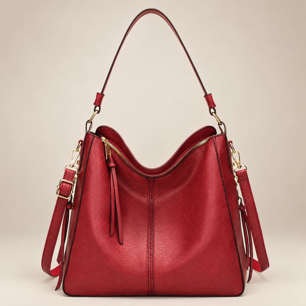 Red hobo shoulder bag on warm ivory studio background
