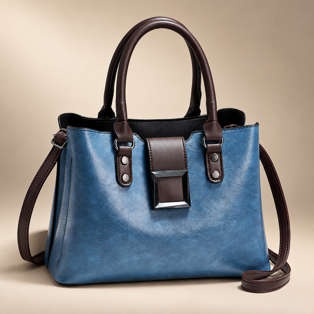 Women's structured buckle tote in blue on a warm ivory/taupe studio background