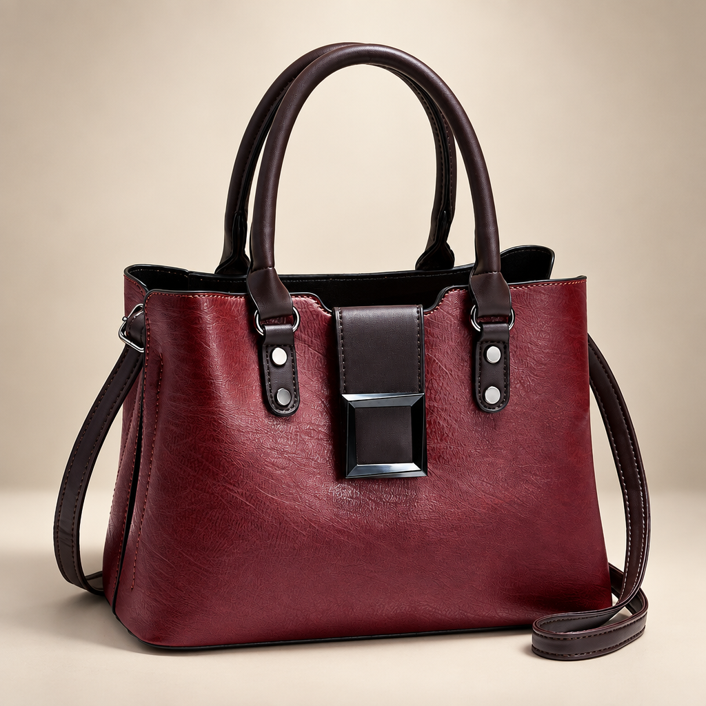 Women's structured buckle tote in deep red on a warm ivory/taupe studio background