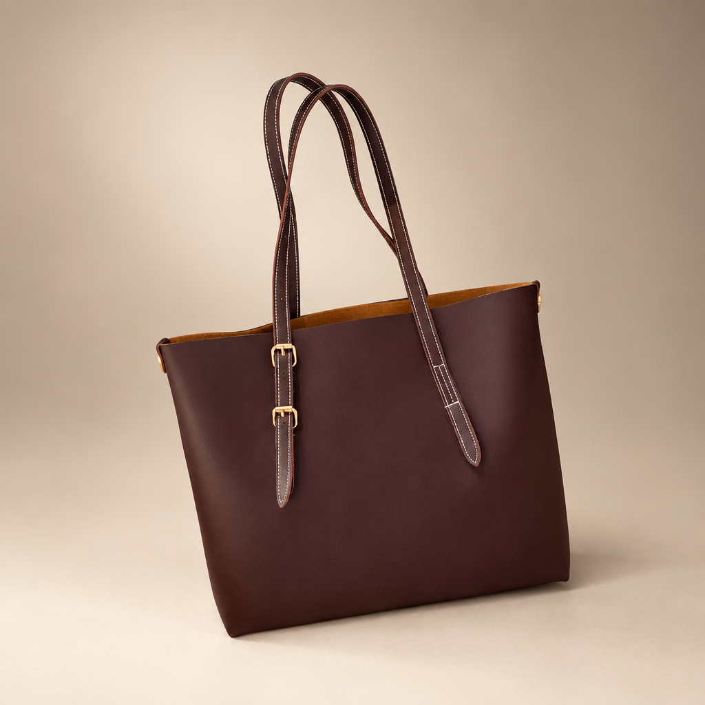 Dark brown PU tote bag against a warm ivory and taupe studio background