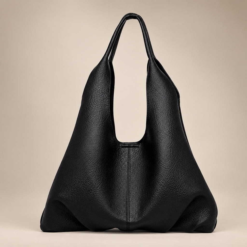 Women's slouchy shoulder tote in black on a warm ivory/taupe studio background