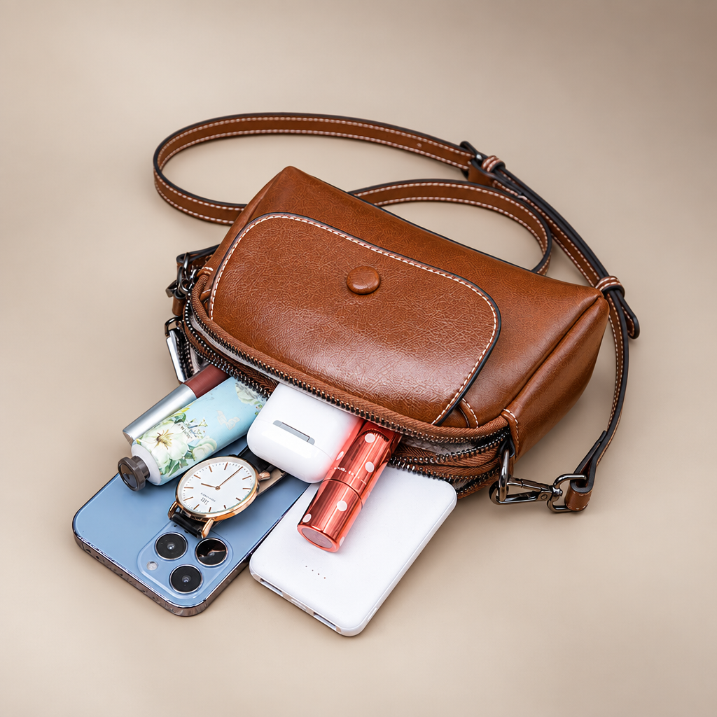 Brown mini shoulder bag with zip open and everyday essentials displayed on a warm ivory studio background