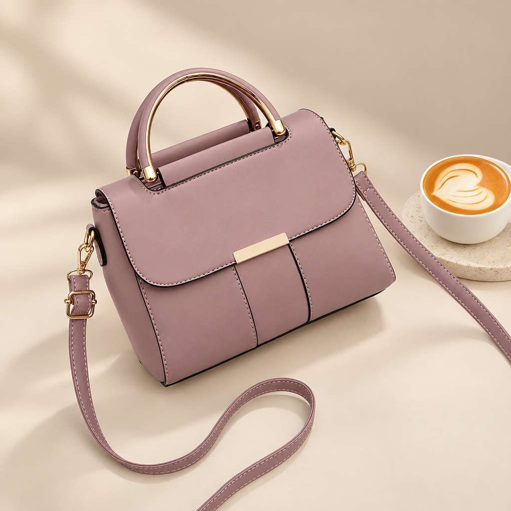 Women's structured ring-handle bag in rubber pink on a warm ivory/taupe studio background