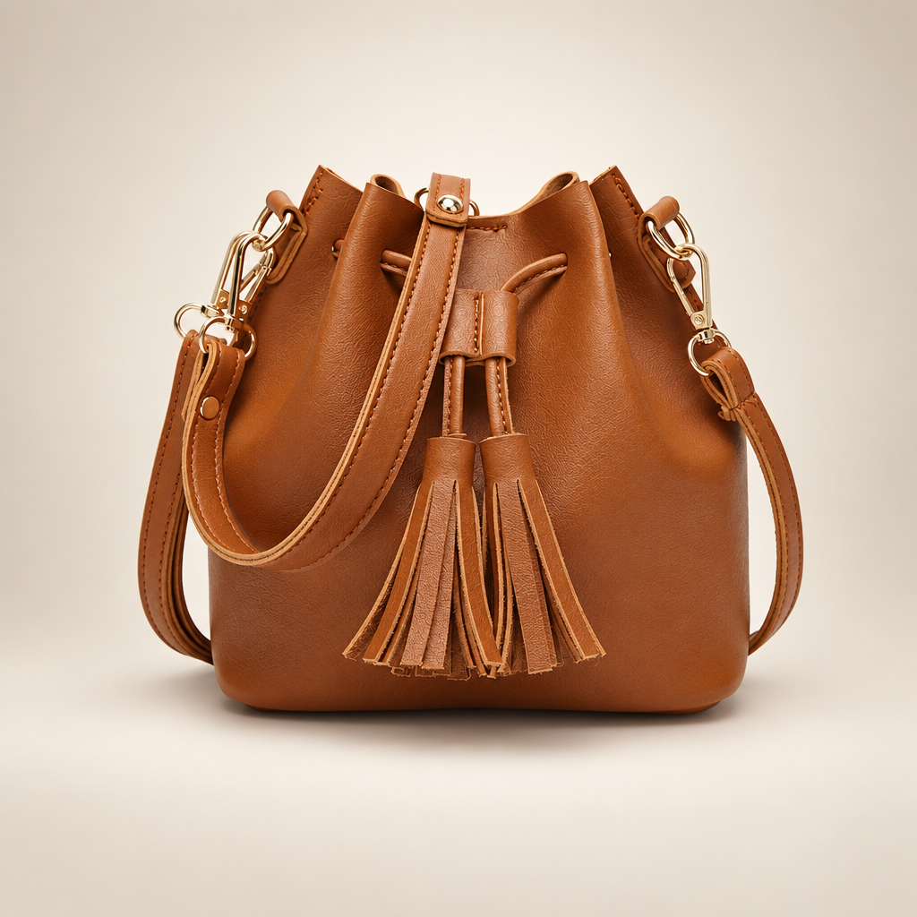 Brown tassel drawstring bucket bag on a warm ivory studio background