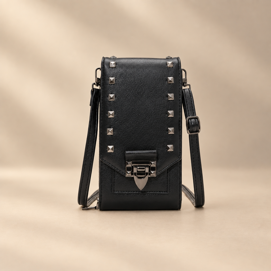 Rivet shoulder bag on warm ivory studio background, view 7