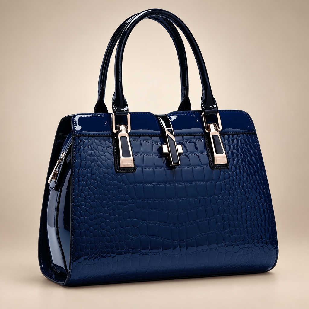 Women's croc-embossed tote bag in royal blue on a warm ivory/taupe studio background